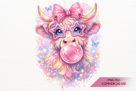 Coquette Highland Cow PNG: Pink Bubblegum Charm