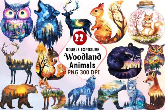 Double Exposure Woodland Animals Clipart: Nature-Inspired Art