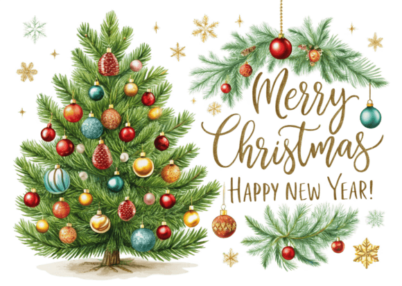 Fir Tree Decorated with Tinsel and Ball: Festive Design Assets