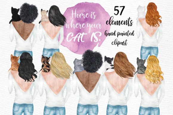 Girls and Cats Clipart: Hand-Painted Watercolor Art for Cat Lovers