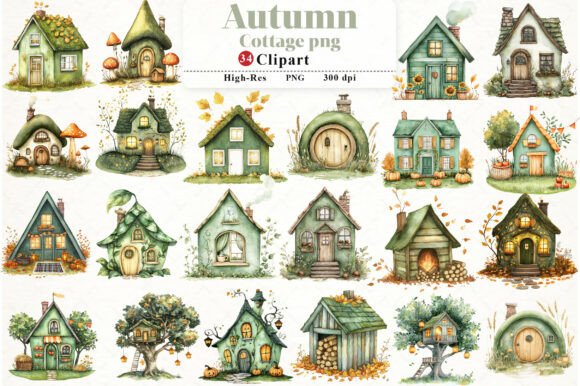 Green Autumn Cottage Clipart: A Cozy Design Asset