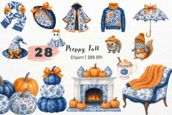 Preppy Fall Clipart: Chinoiserie Autumn Design