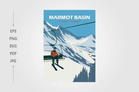 Skier Man on Ski Lift at Marmot Basin: A Vintage Vector Design