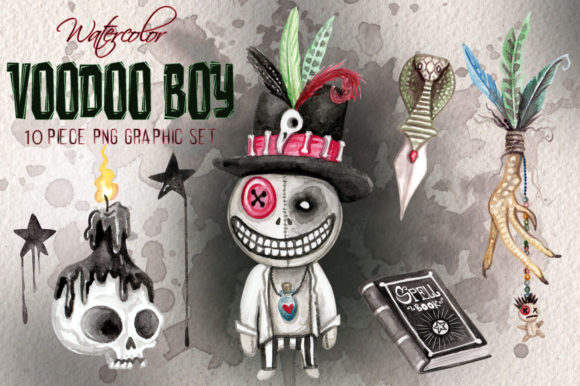 Voodoo Doll Boy Watercolor Clip Art Set for Spooky Designs