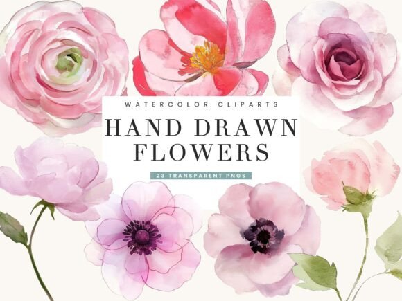 Watercolor Hand Drawn Flowers Clipart: 23 Designs for Creative Projects